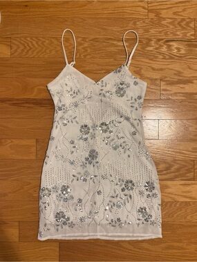Silver Sequin Floral White Slip Mini Dress